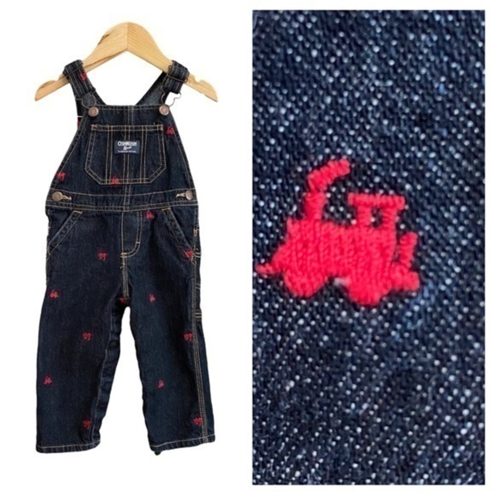 OshKosh B’gosh Red Train Embroidered Denim Overall Bibs 12 months
